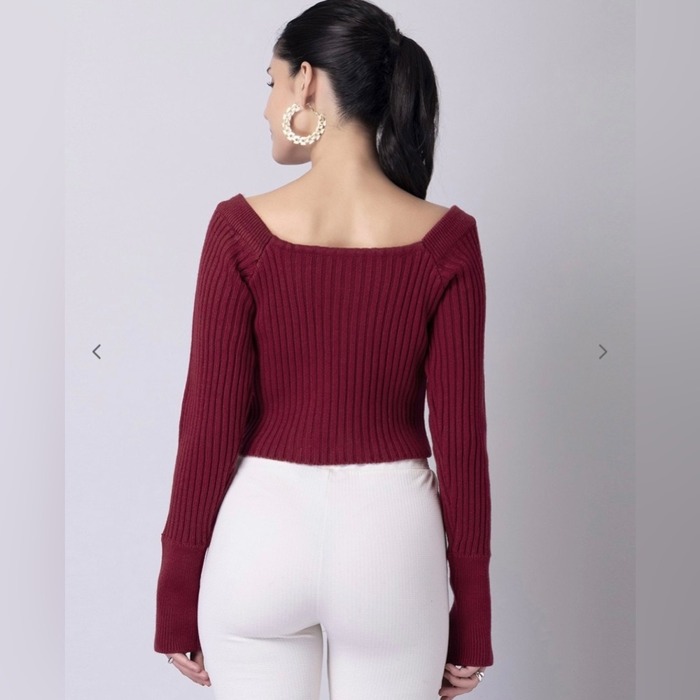Women Maroon Ribbed Off-Shoulder - Picture 4 of 5